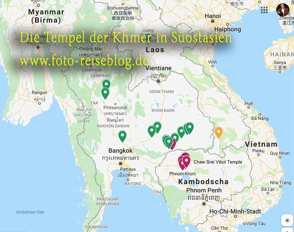 Karte der historischen Khmer Tempel in Südostasien