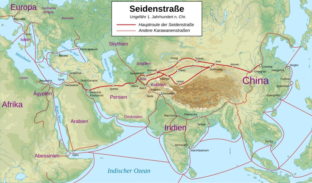 Abbildung der Handelswege zur Zeit des 1. Jahrhunderts